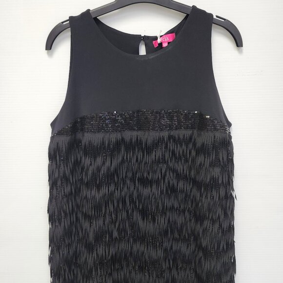 Ecla Women's Black Fringe Midi Dress W/Sequins Size 42 - Picture 2 of 8